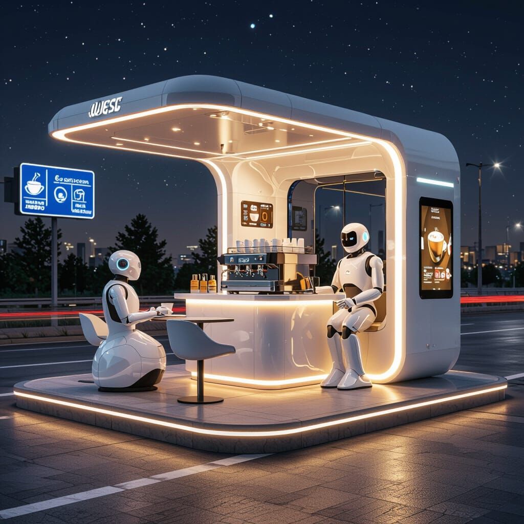 Futuristic Robotic Coffee Kiosk on Highway