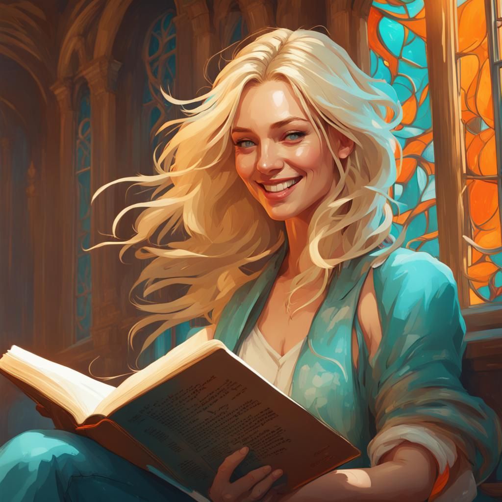 Blonde Woman Smiling While Reading, Splash Art