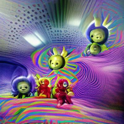 Psychedelic Teletubbies in a Surreal Landscape