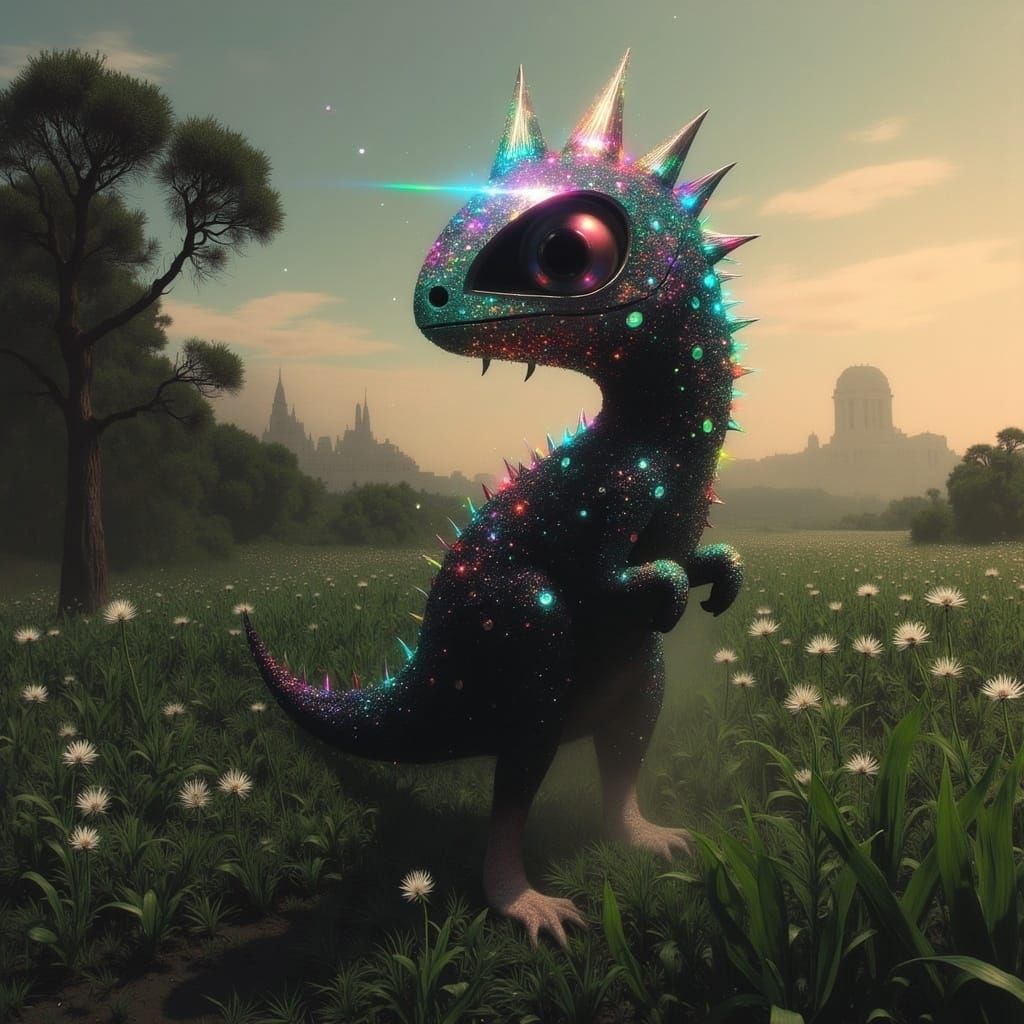 Resplendent Gemstone Dinosaur in a Vibrant Fantasy Landscape