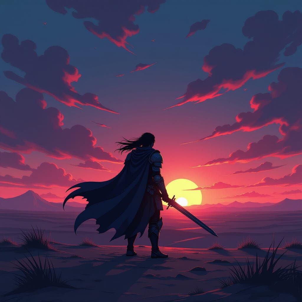 Lone Warrior Under Alien Sky in Anime Style