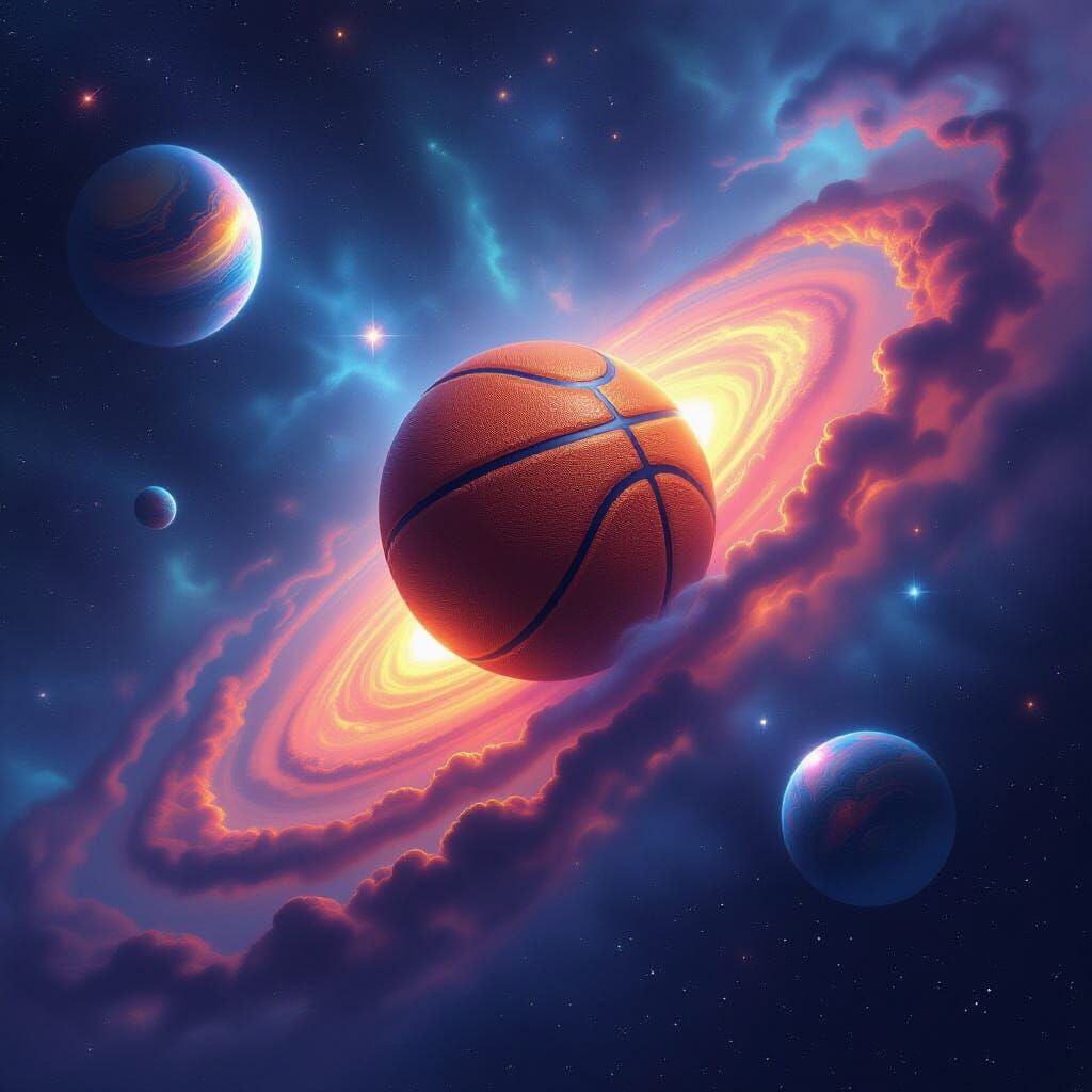 Cosmic Basketball Soaring Through Galaxy in Surreal Style