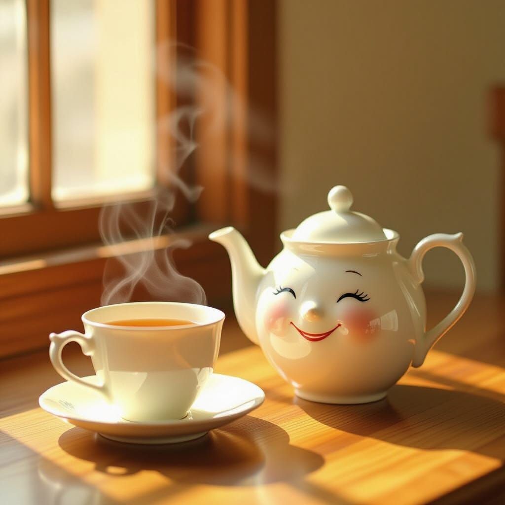 Anthropomorphic Teapot with Smile in Golden Hour Light