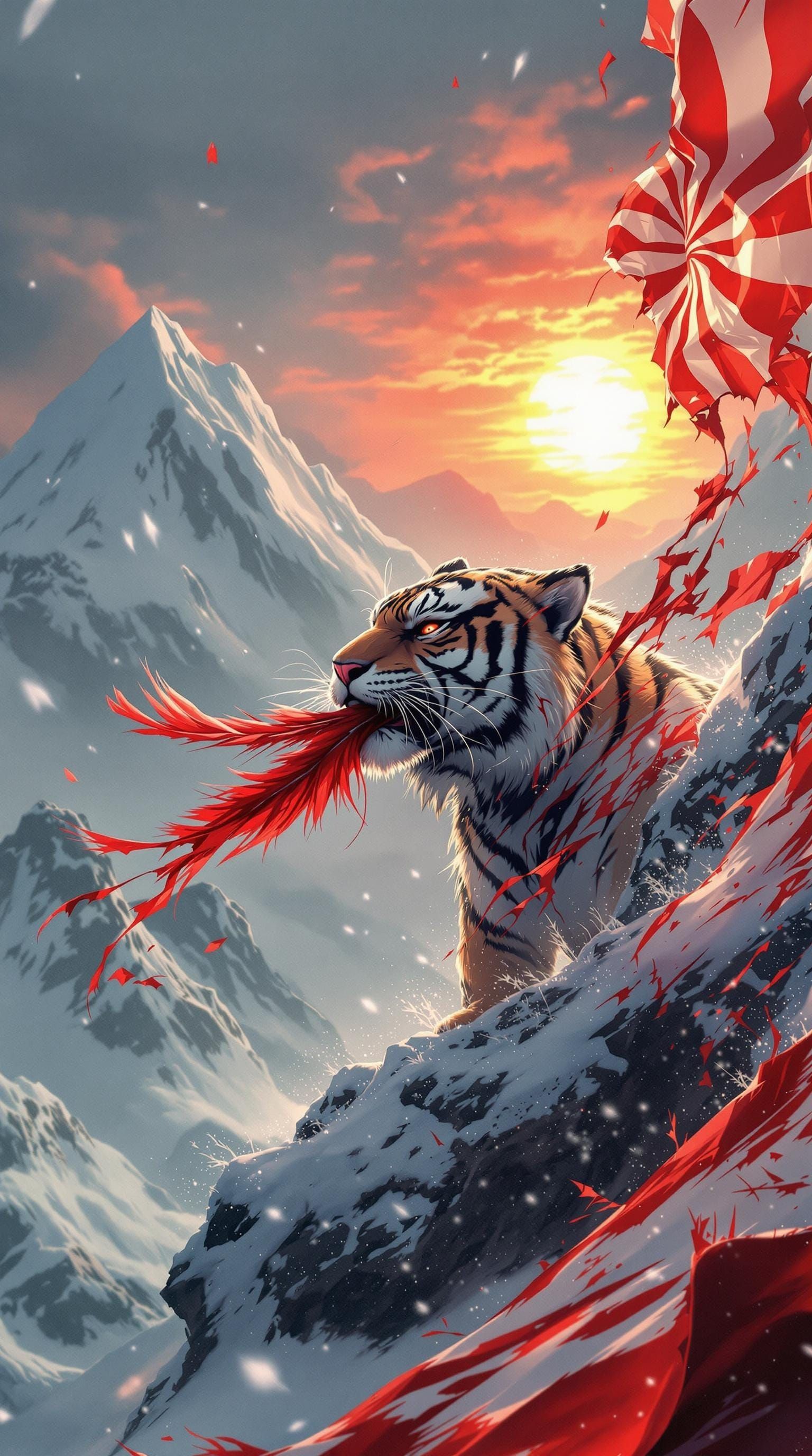 Byakko with Feather in Snowy Mountain Landscape