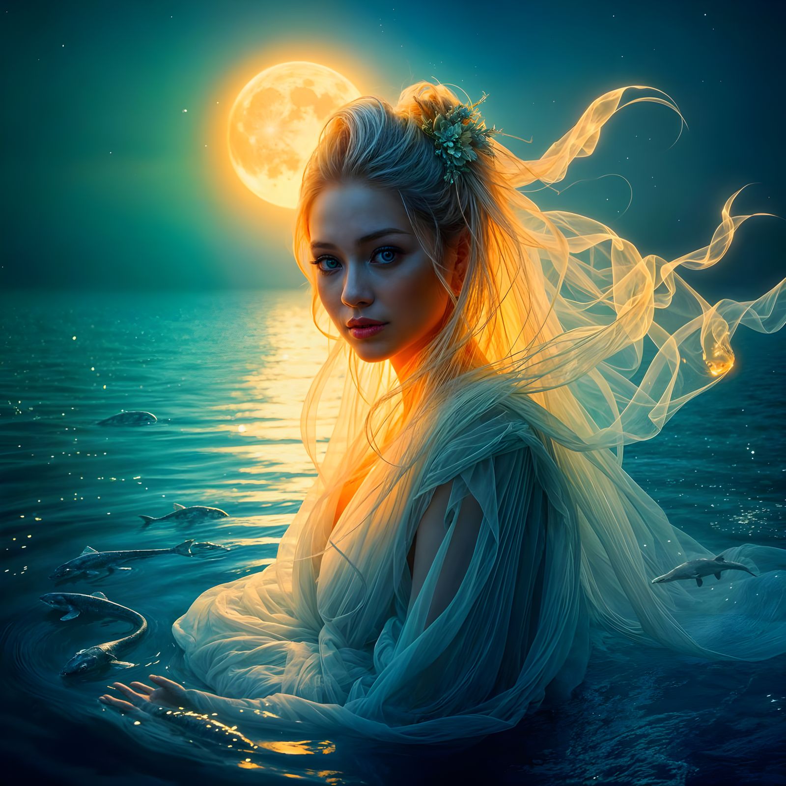Goddess of the Moonlit Lake in Ethereal Beauty