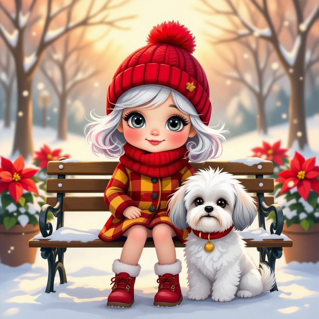 Whimsical Girl and Dog in Winter Park Illustration