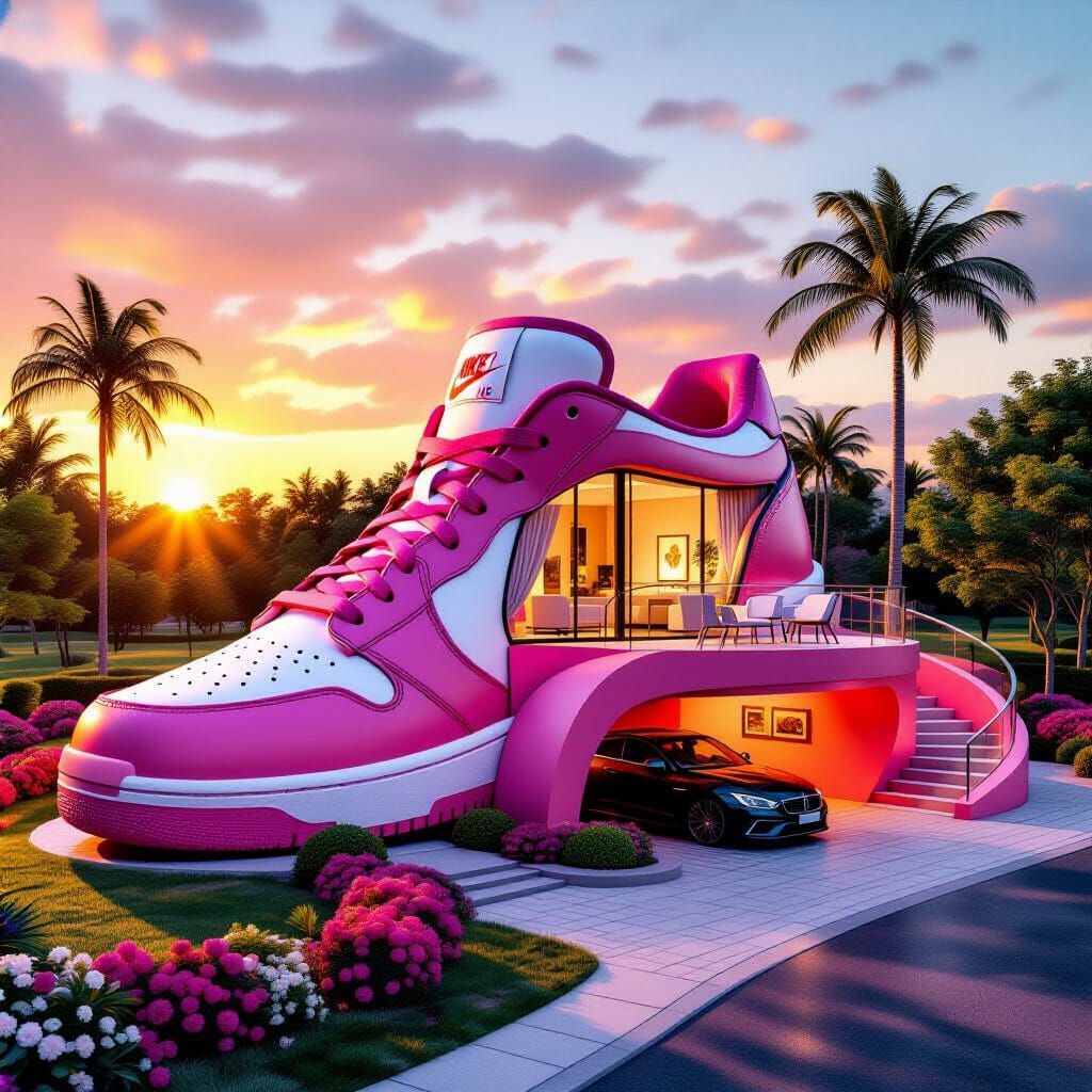 Luxury Sneaker House in Lush Landscape at Sunset