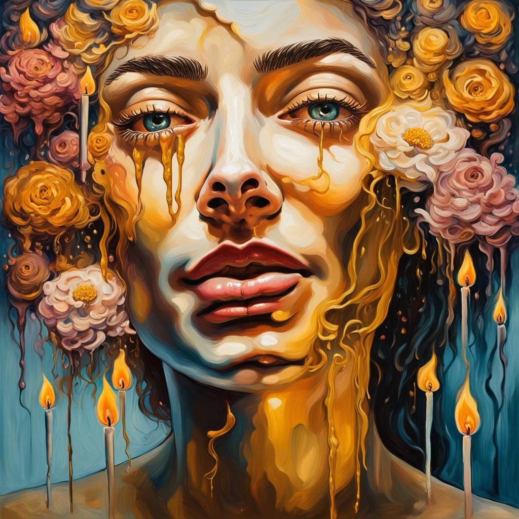 Surreal Woman Portrait with Melting Flowers, Oil Painting