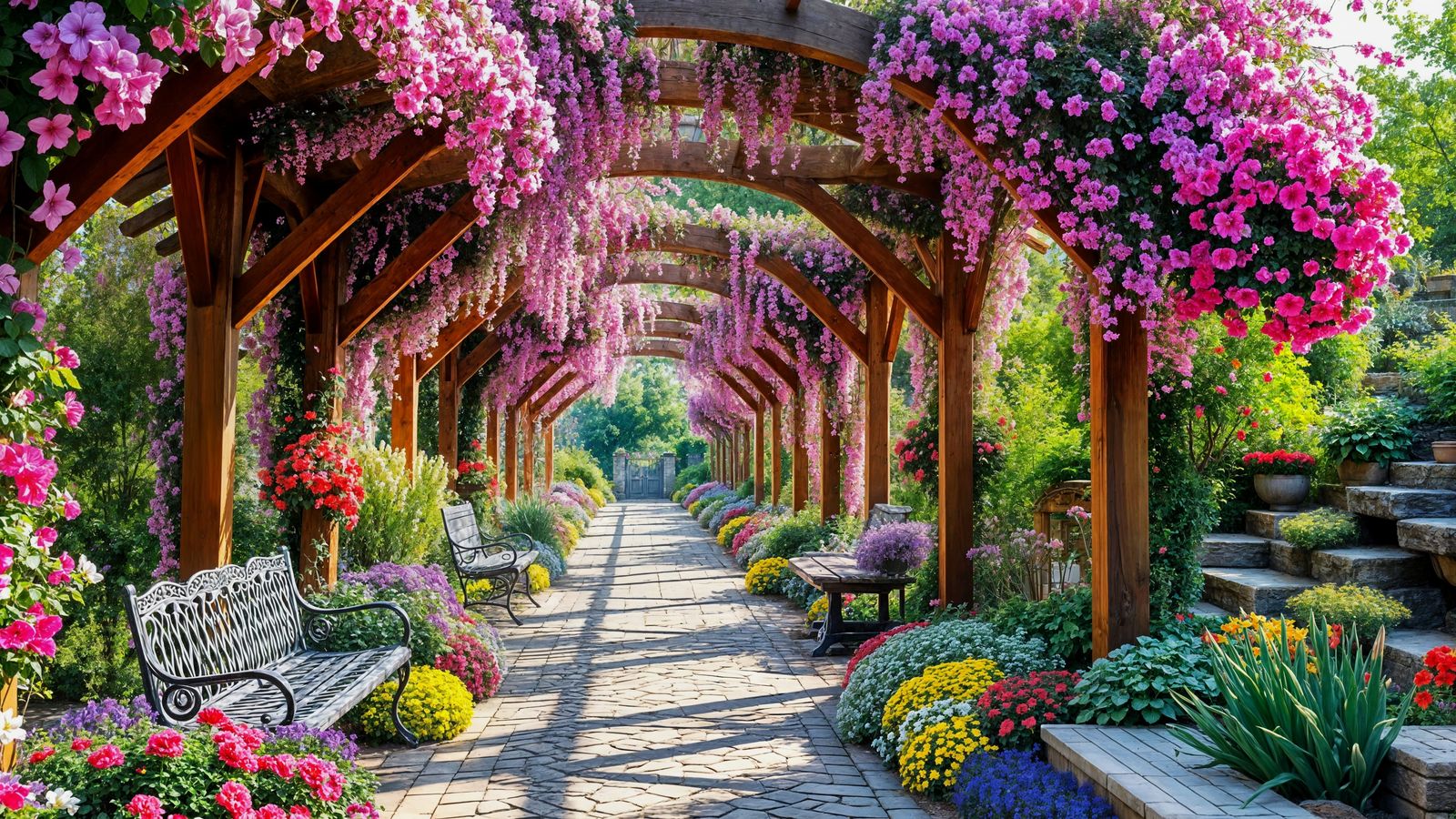 Dreamy Garden Path Lined with Vibrant Climbing Flowers