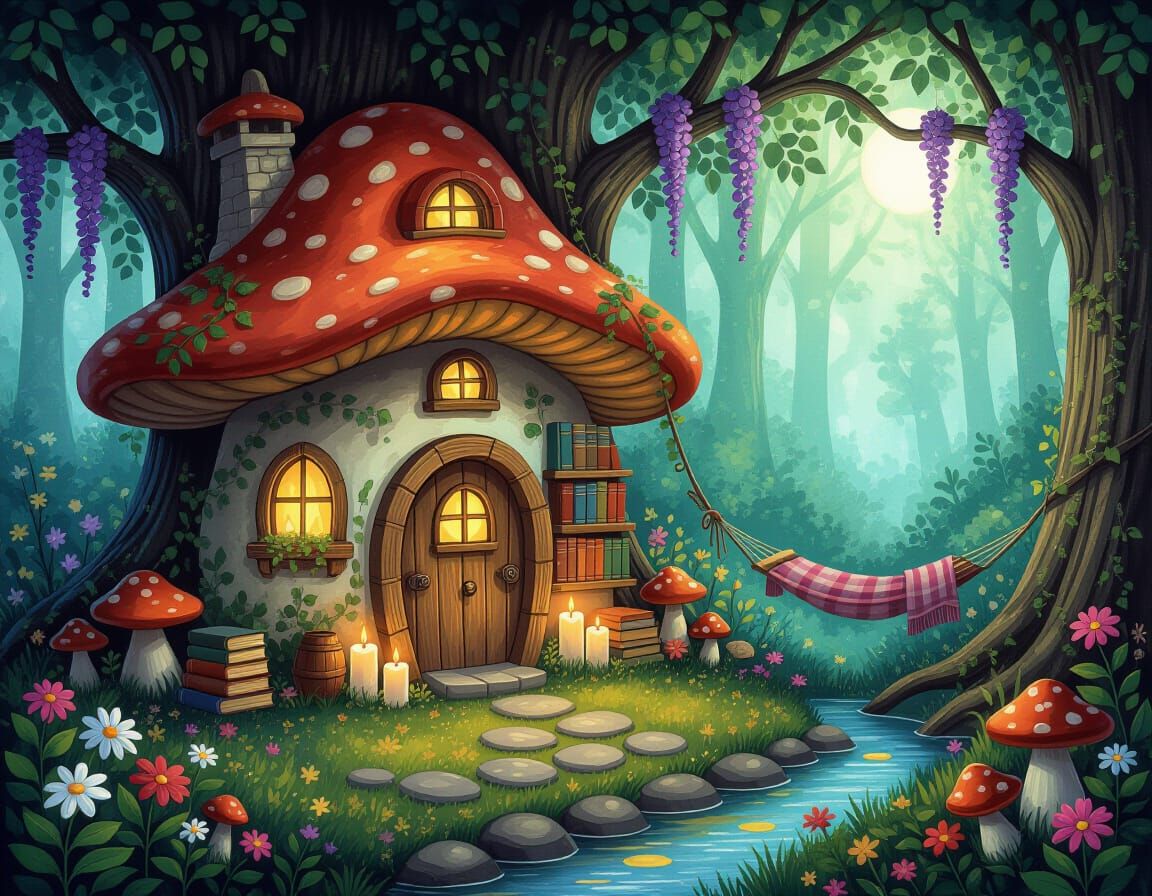 Dreamy Mushroom House in Enchanted Forest Painting