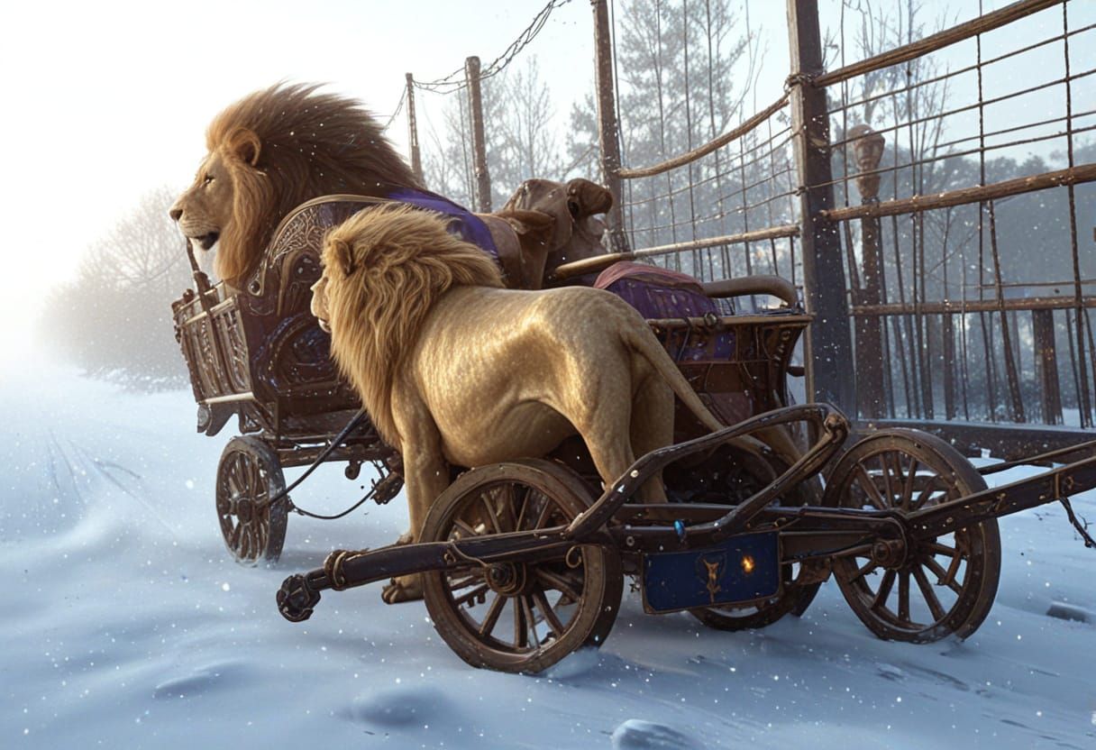 Concept art. A majestic chariot drawn by two lions races acr...