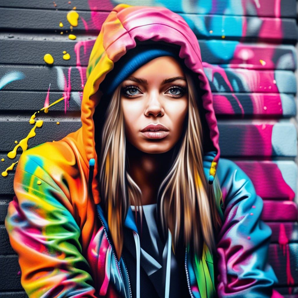 Girl in Streetwear Painting Graffiti Art