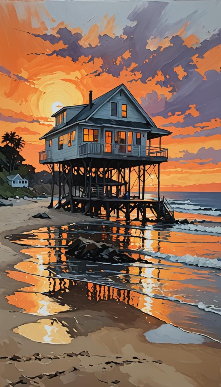 Seaside Beach House at Sunrise in Alcohol Painting Style