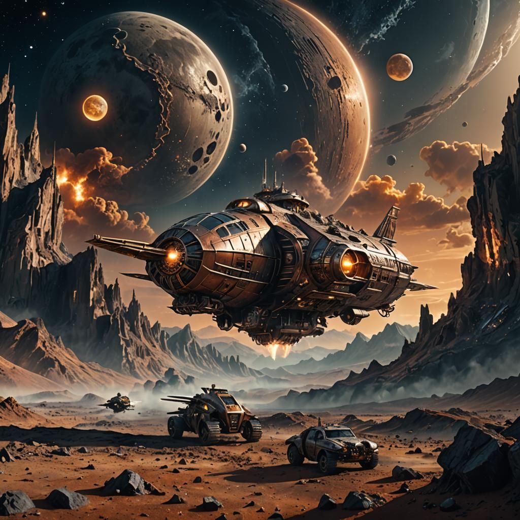 Steampunk Spaceship Landing on Futuristic Moon: Digital Art
