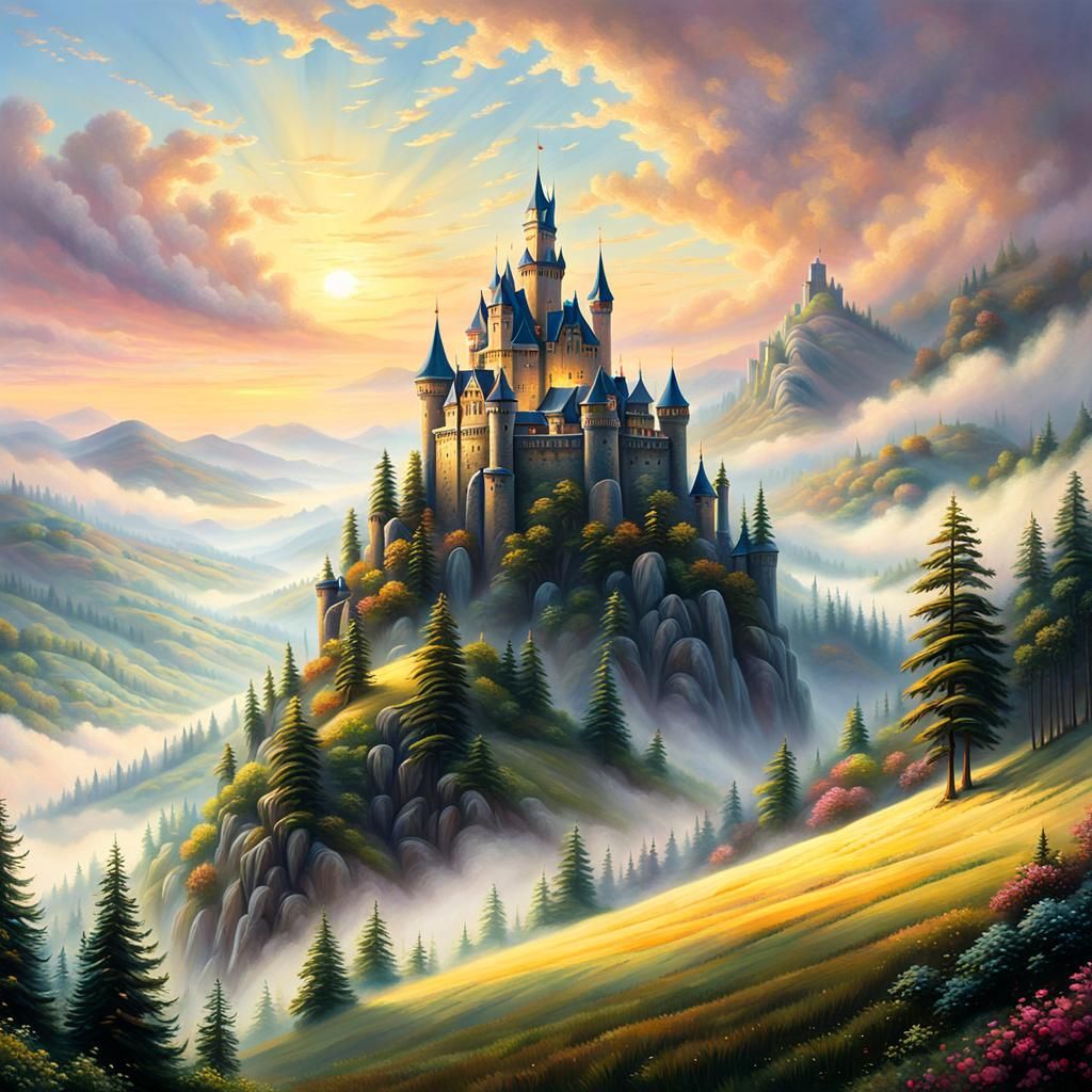 Fantasy Landscape Painting with Castle and Misty Trees