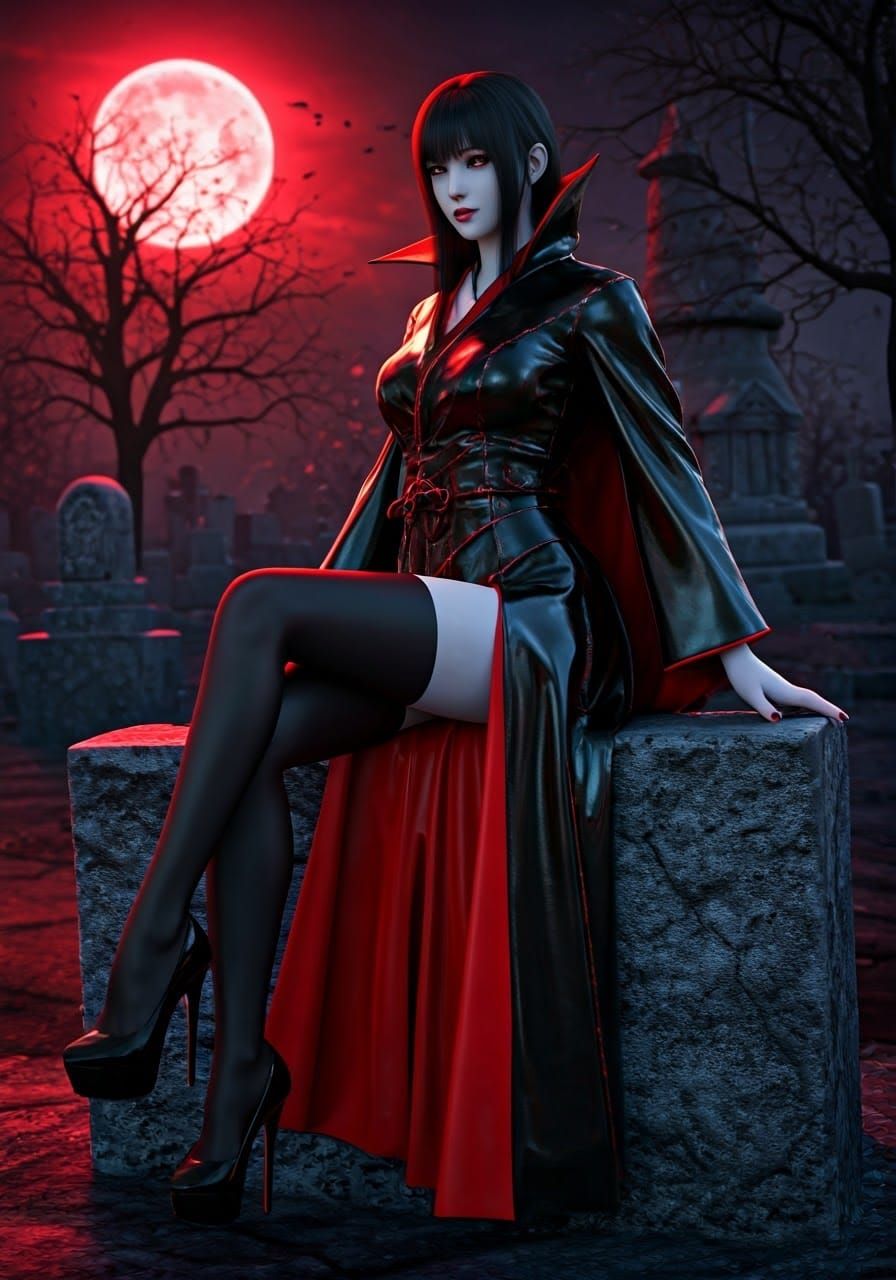 Japanese Vampire in Patent Leather Kimono Adorned with Crims...