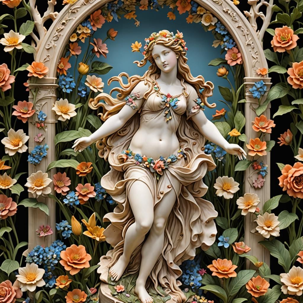 Bisque statue of Aphrodite in a floral garden