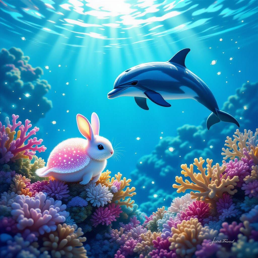 Sea Bunny and Dolphin Play Among Coral Reefs