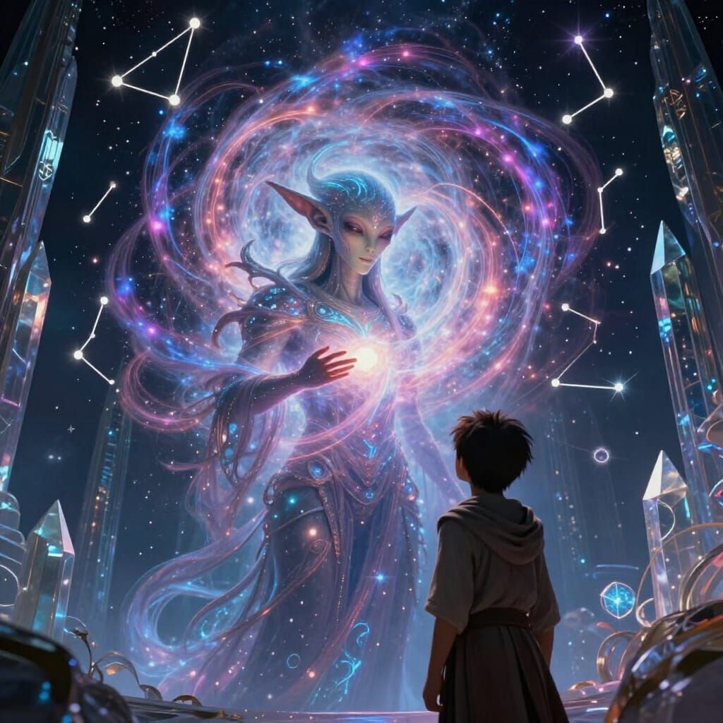 Cosmic Being Teaching Apprentice in Ethereal Planetarium
