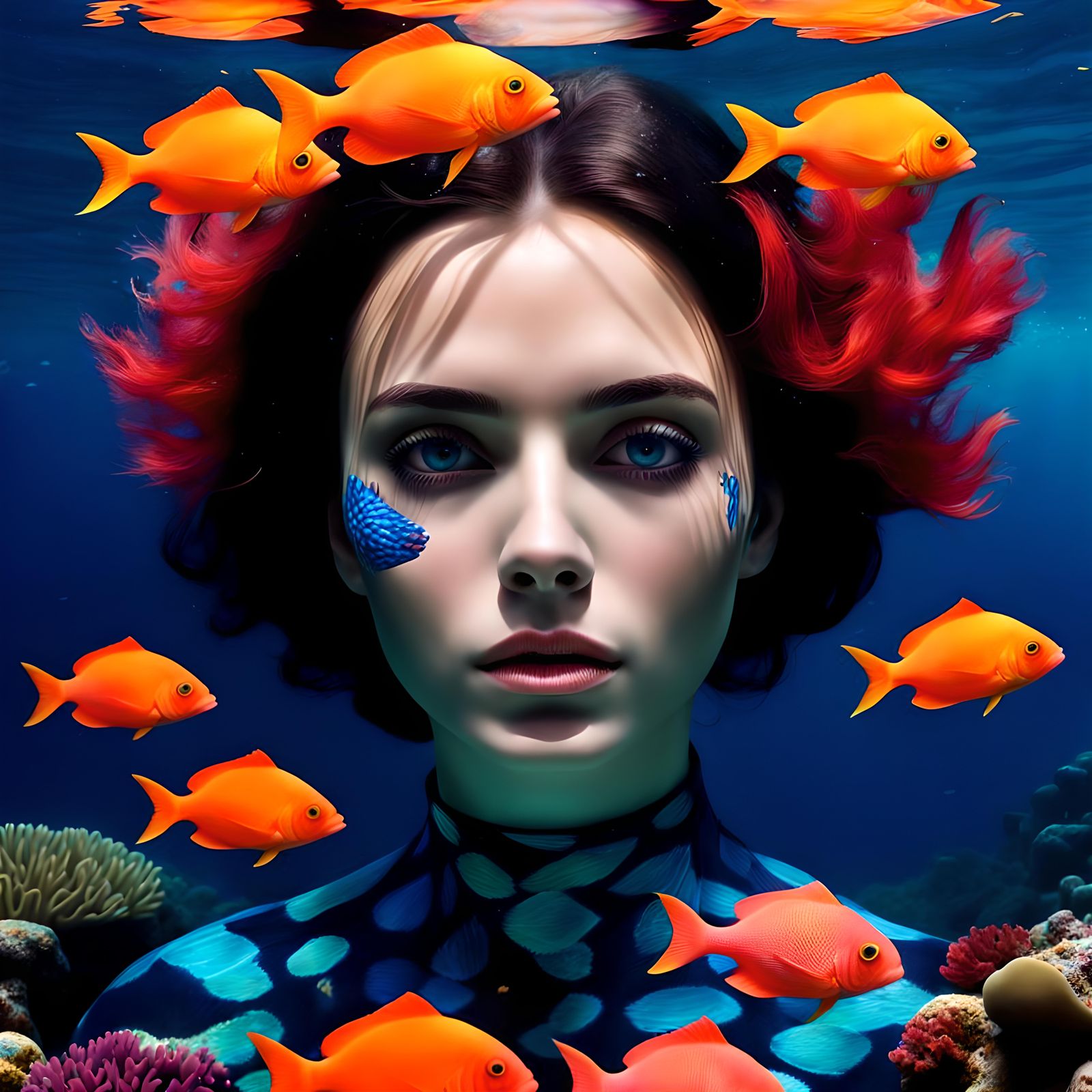 Sad Woman Underwater with Coral: Hyperreal Portrait
