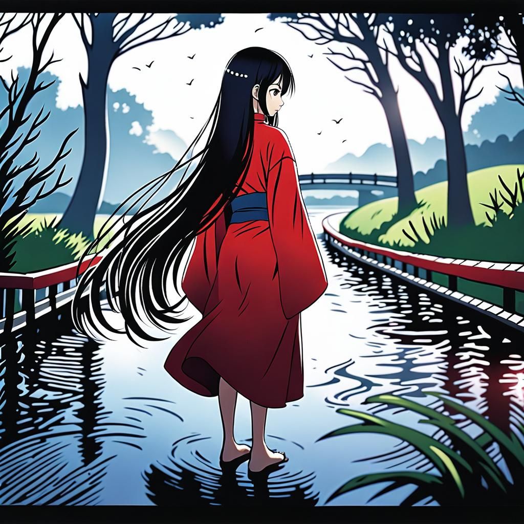 Anime Princess Aoi in Misty Park with River