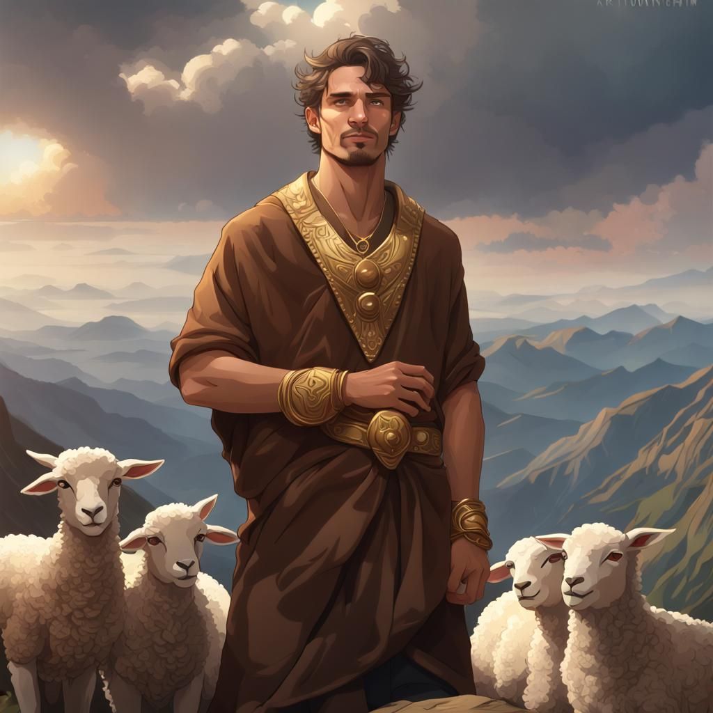 Young Man with Lambs, Hyperdetailed Portrait