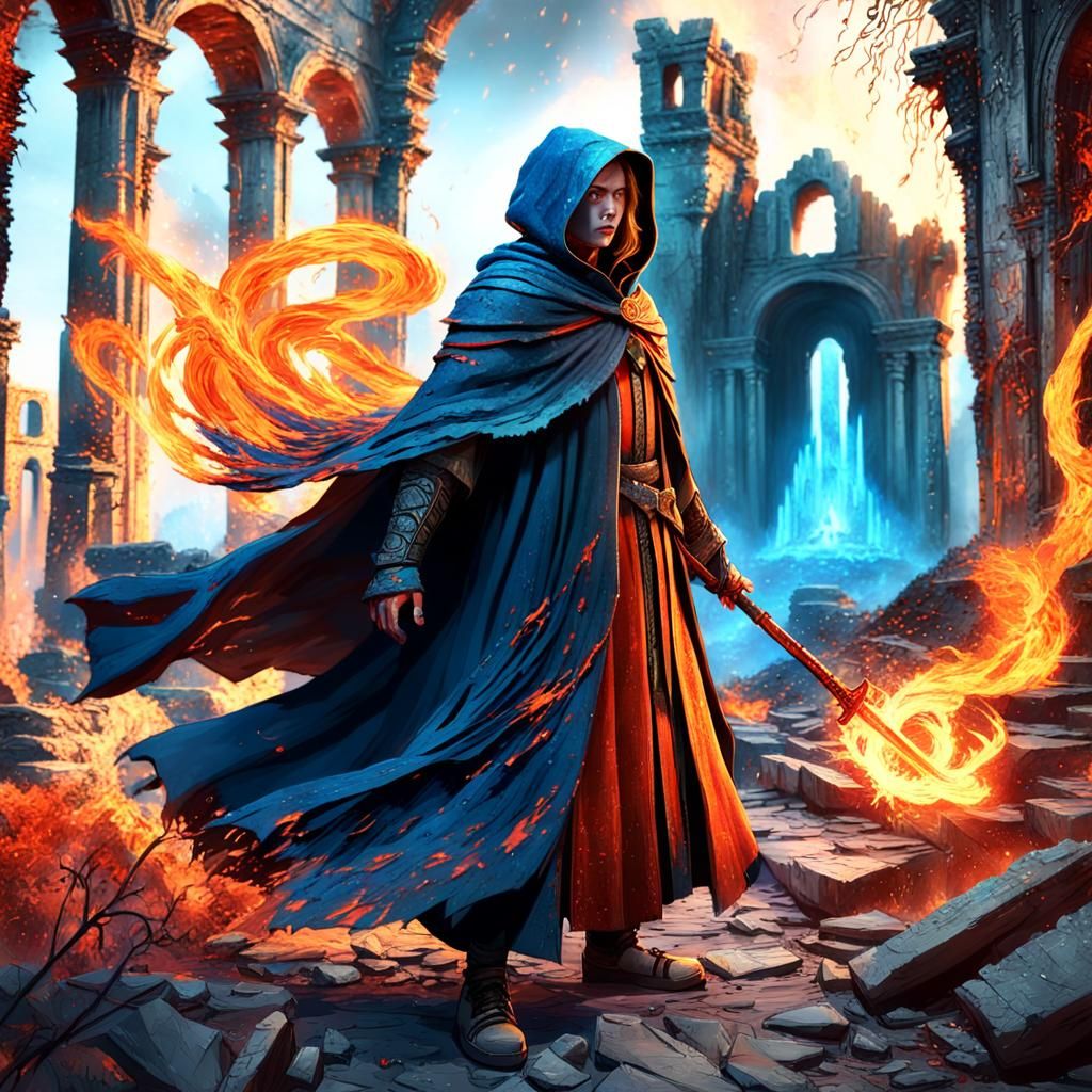 Fantasy Fire Blade Wielder in Ancient Ruins