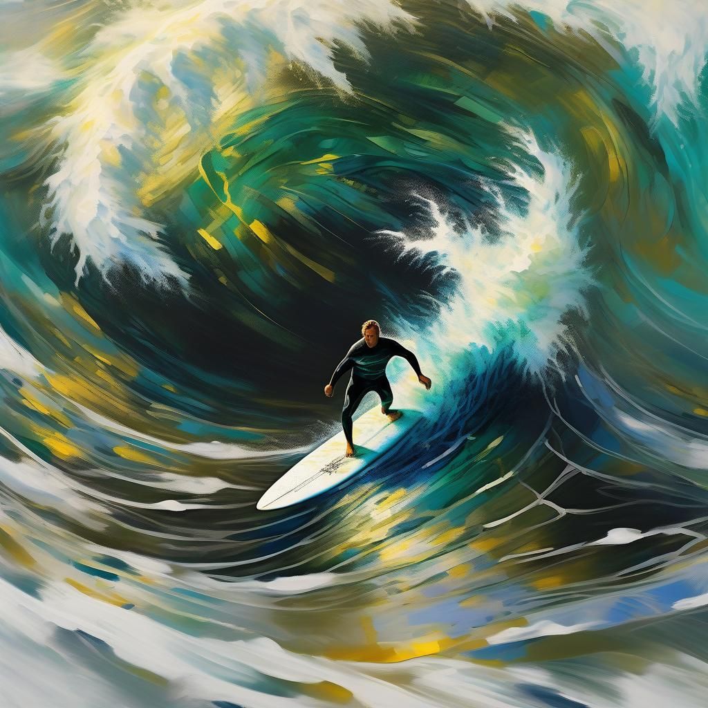 Surfer Rides Massive Wave: Impressionist Impasto Painting