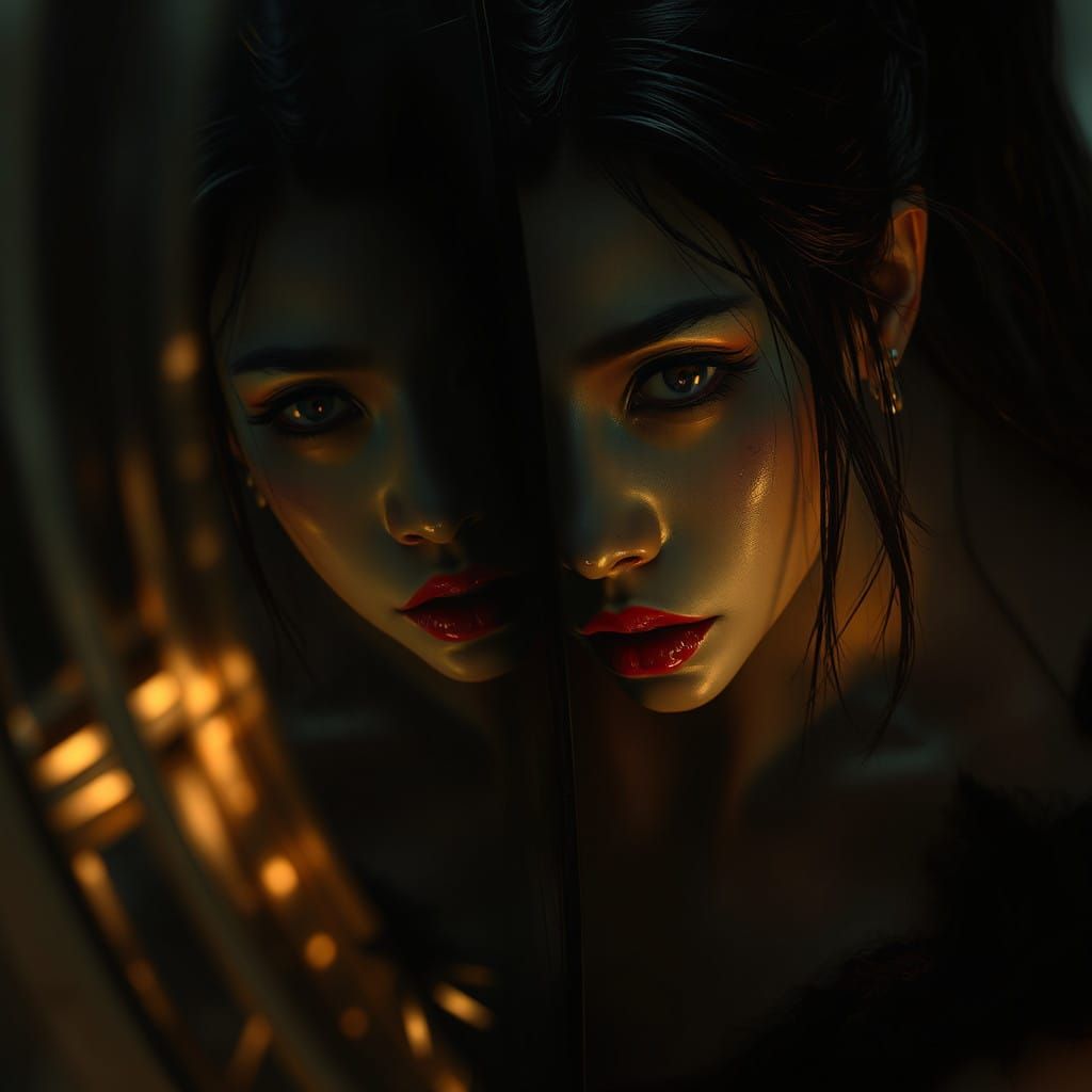 Elegant Asian Demon in Dark Reflection