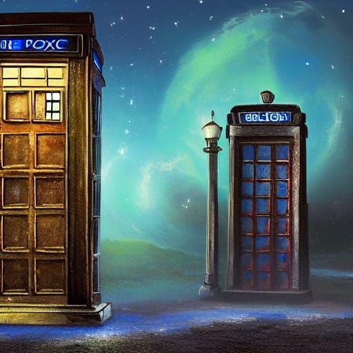 Surreal Raccoon Guarding Glowing Police Box in Starry Sky