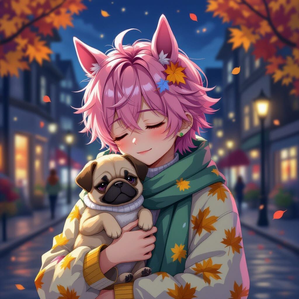 Mystical Anime Boy with Pink Hair and Horse Ears in Autumn C...