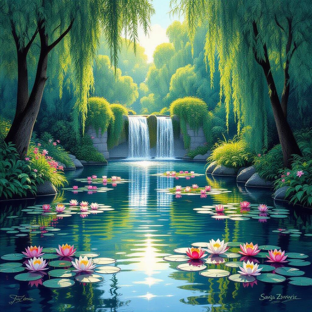 Art Nouveau and Deco Fountains Reflecting Stars at Twilight