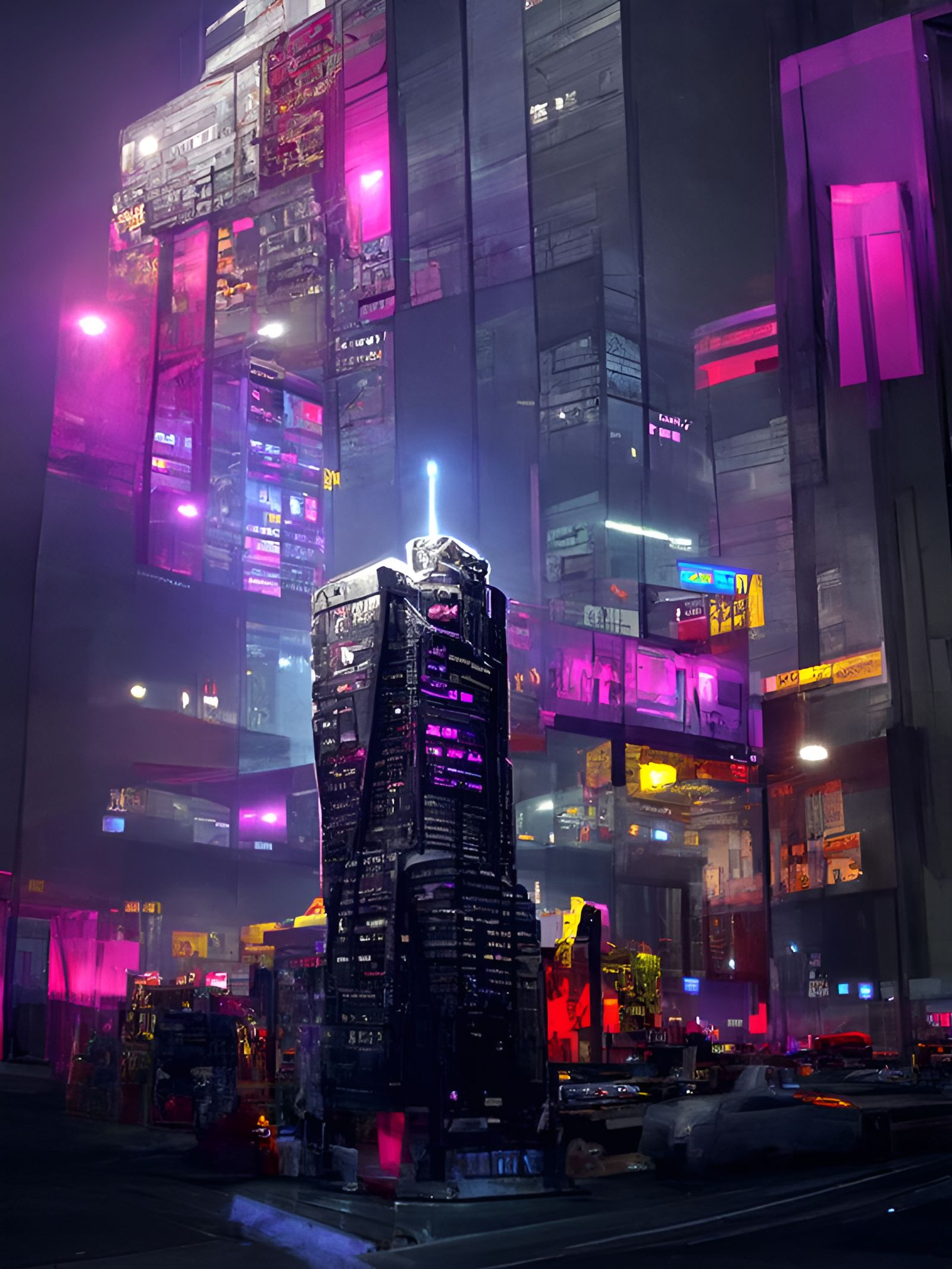Cyberpunk Cityscape: Monolithic Building in Neon Night