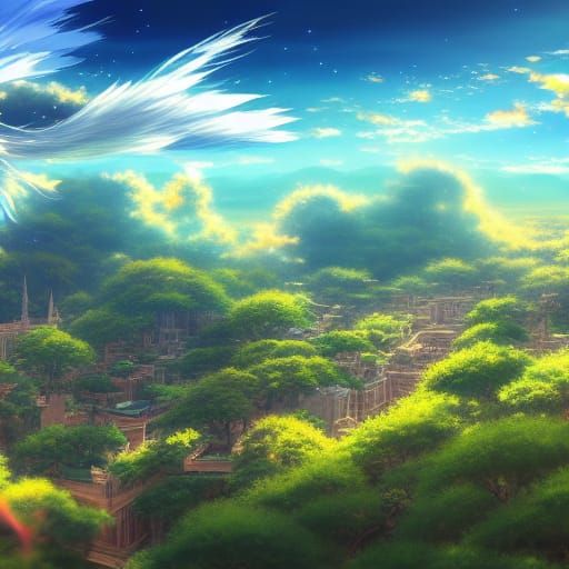 Aerial Garden of Eden: Anime Style Illustration