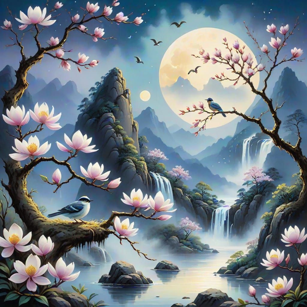 Gouache Painting of Bird's Nest by Moonlit Waterfall