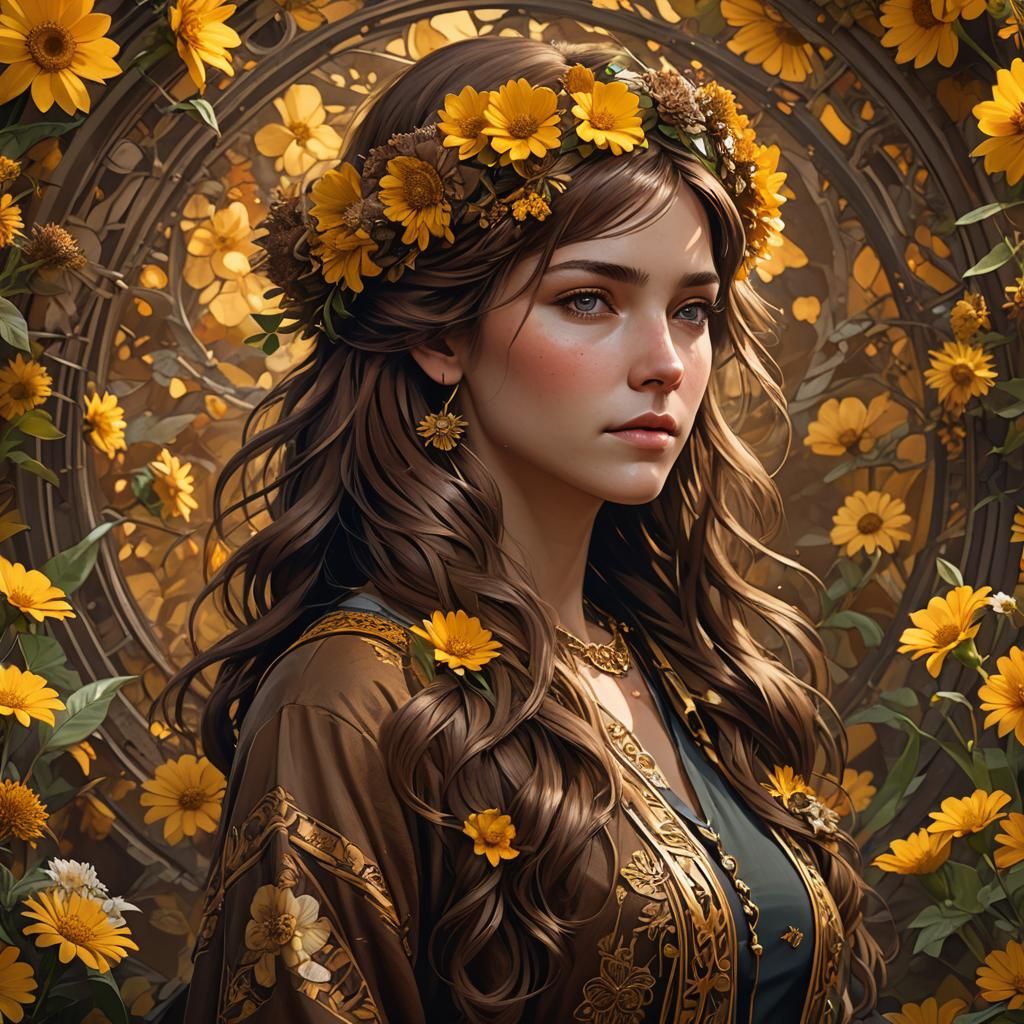 Brown-Haired Woman with Flower Headband, Hyperdetailed Portr...