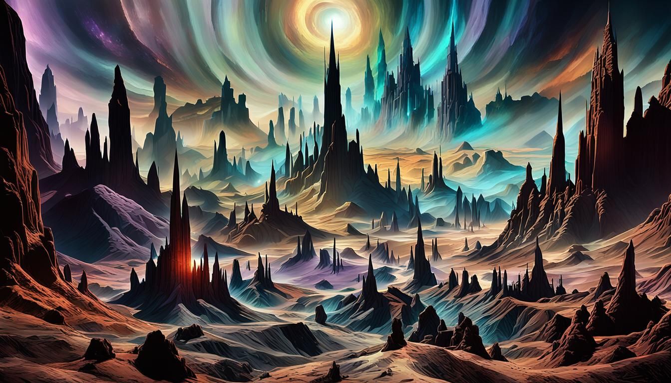 Dark Tower in Iridescent Badlands: Digital Painting