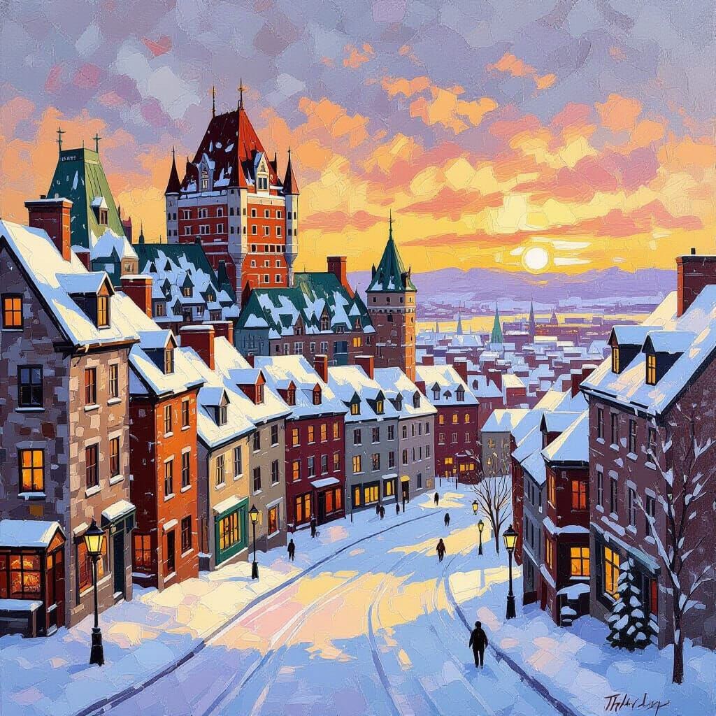 Pointillism Sunset Over Snow-Covered Quebec City