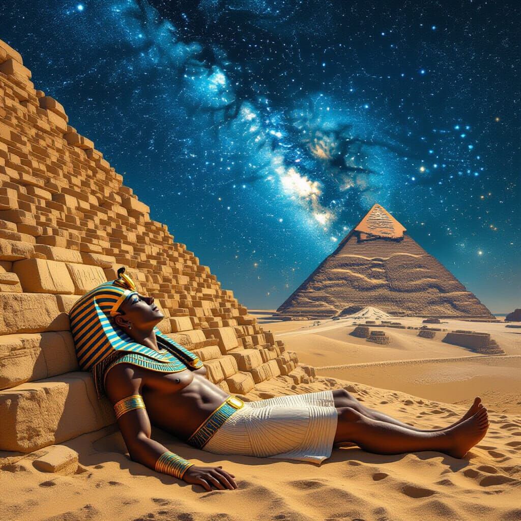 Egyptian Pyramid Builder Gazing at Cosmic Night Sky