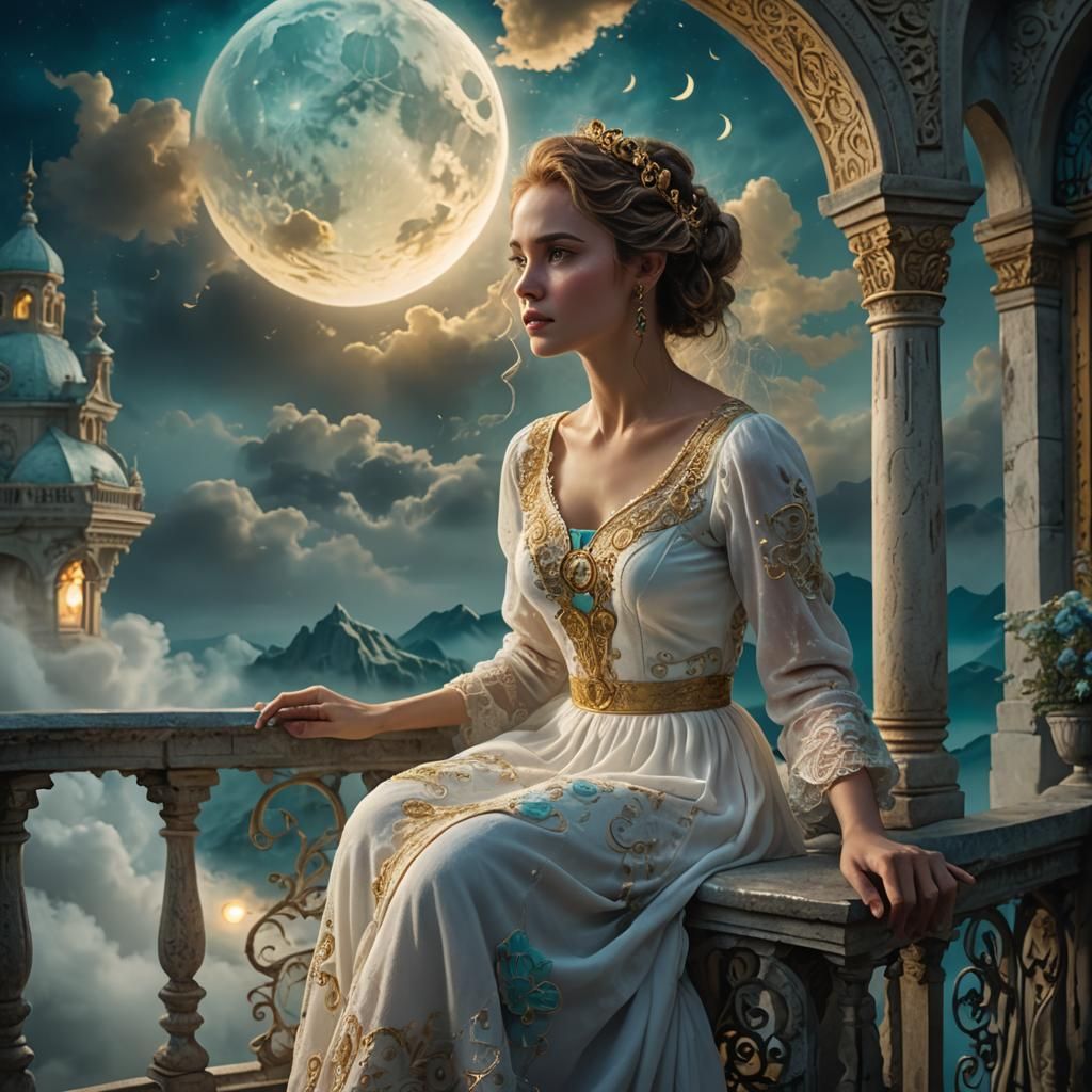 Woman Gazing at Moon on Balcony