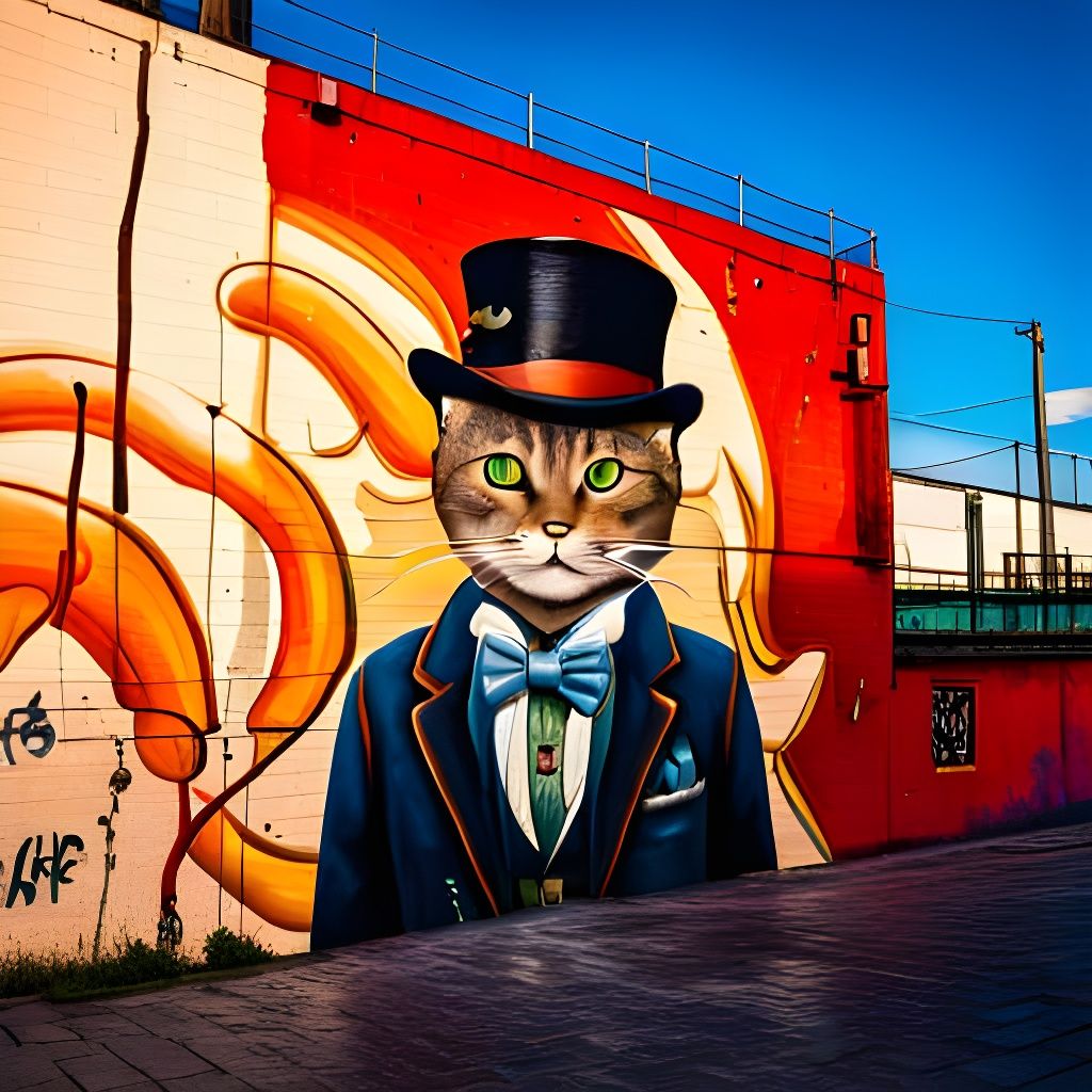 Steampunk Cat Graffiti in Golden Hour Light