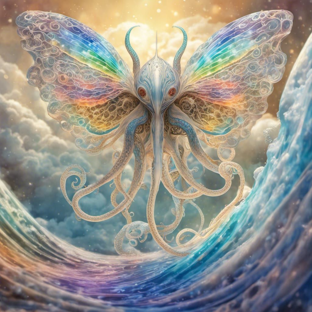 Winged Moth-Kraken Hybrid on Translucent Wave