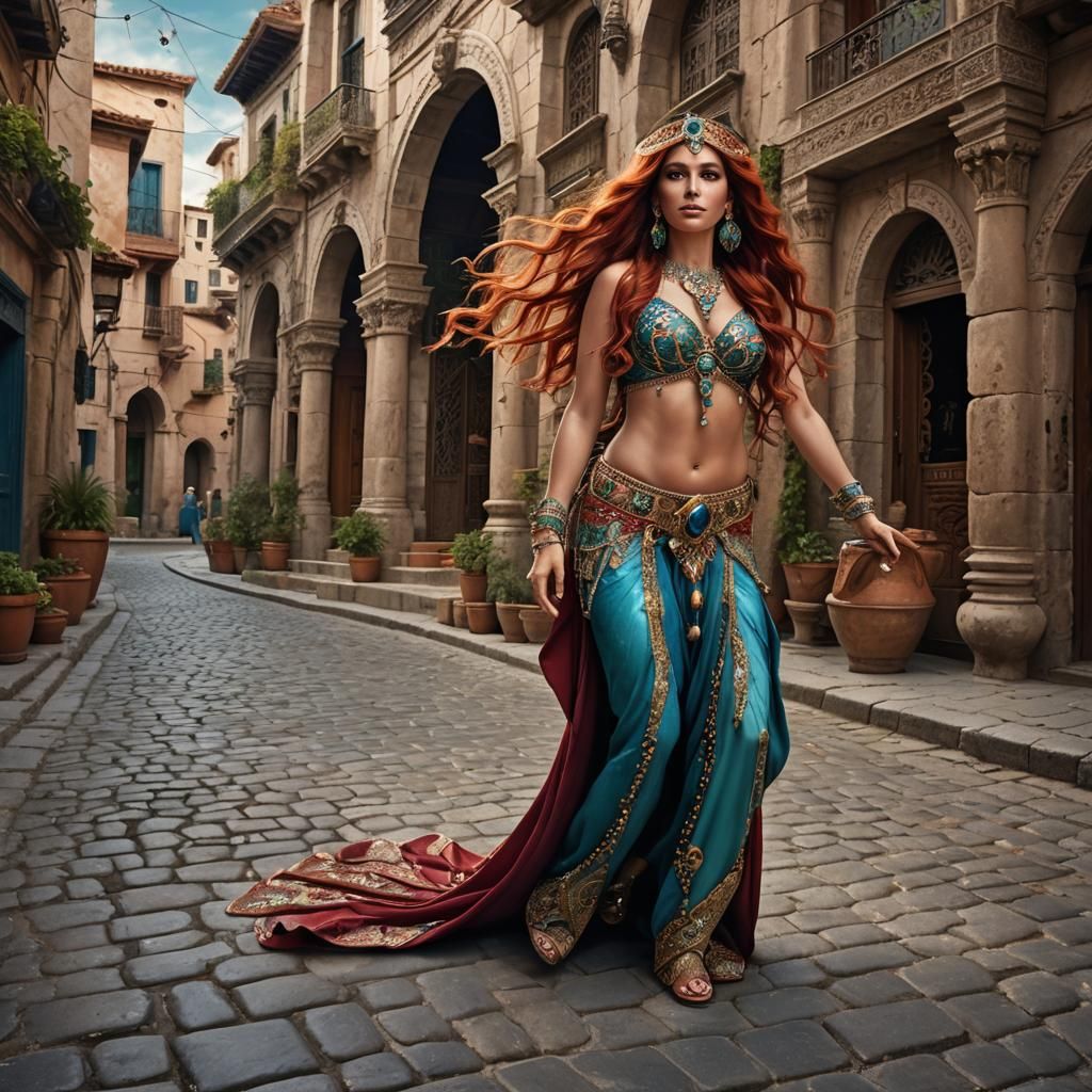 Red-Haired Belly Dancer in Ornate Greek Town