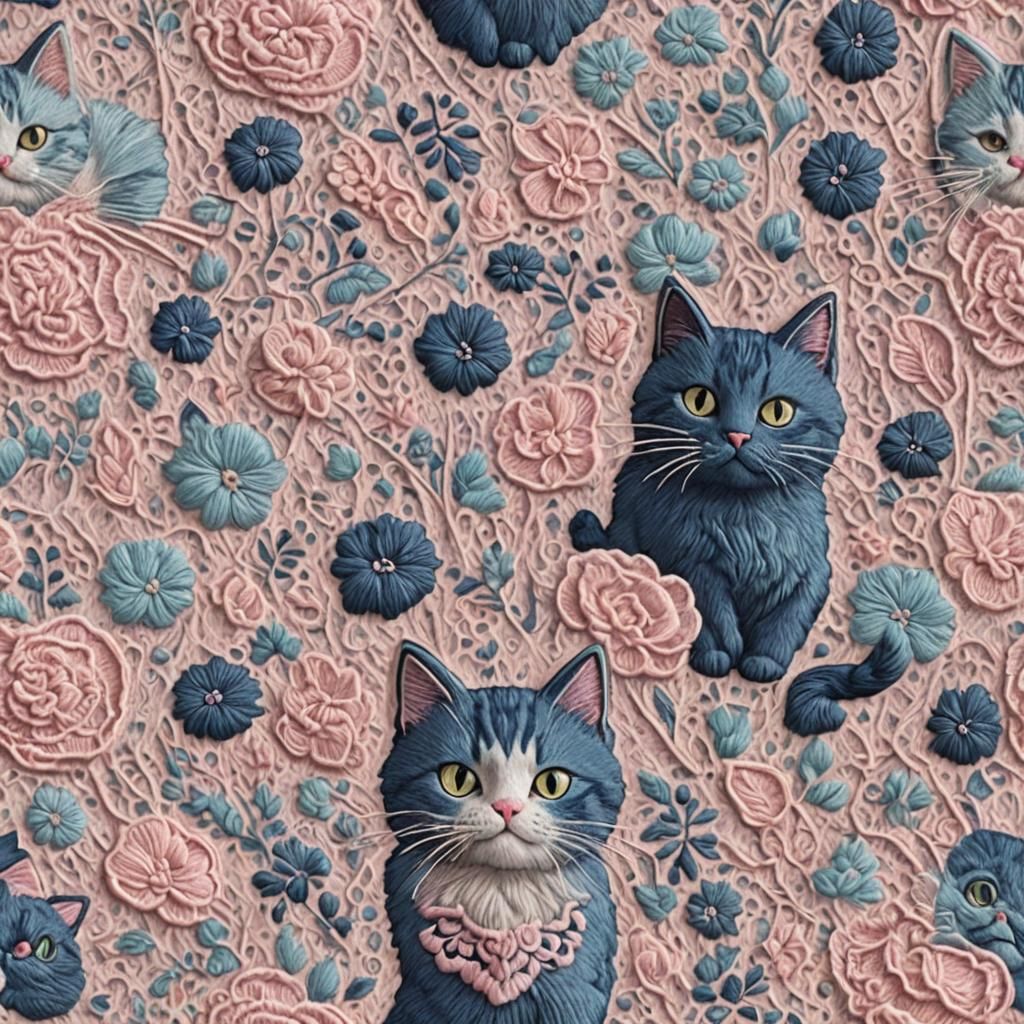Pastel Pink and Blue Knitted Cat Embroidery