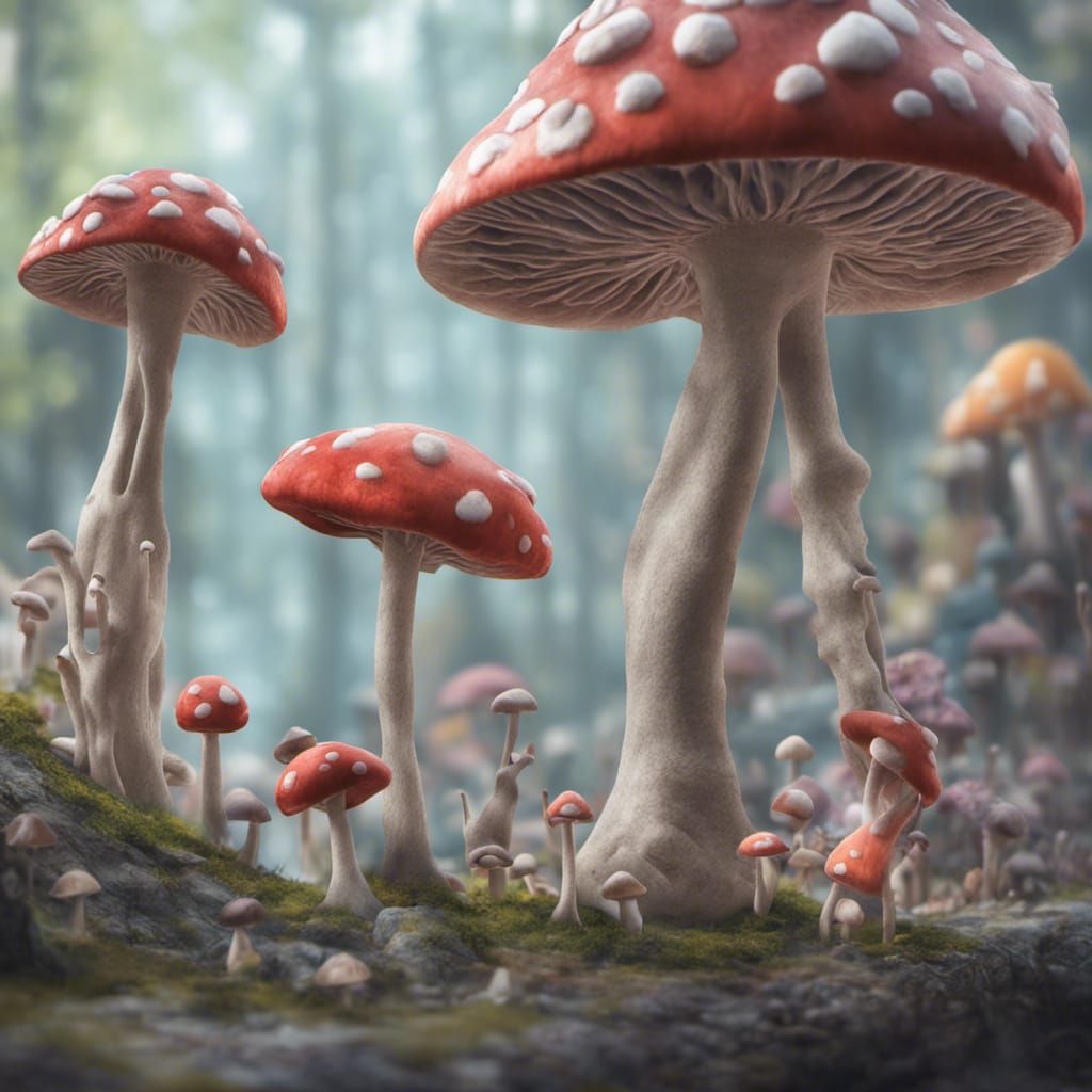 Mushroom People in Tim Burton Hyperrealism Style