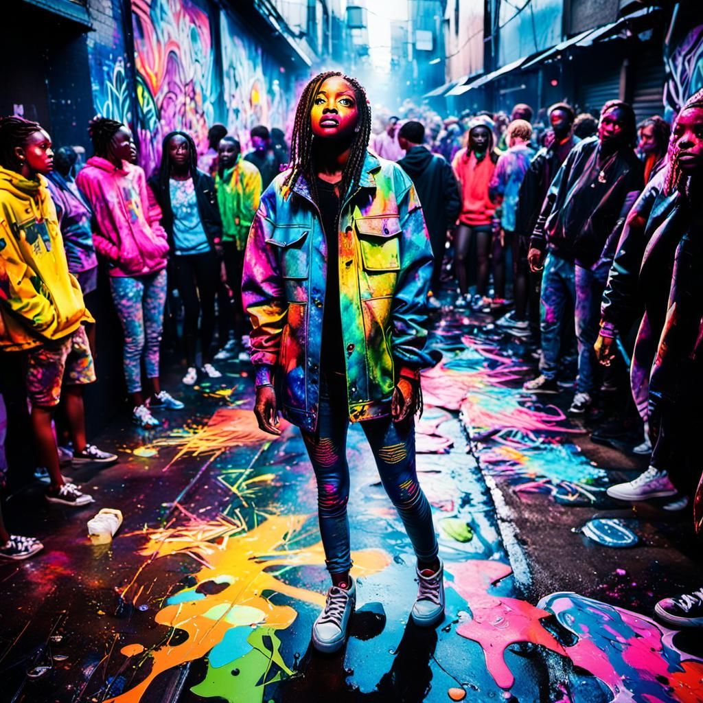 Woman in Crowded Party: Vibrant Street Art
