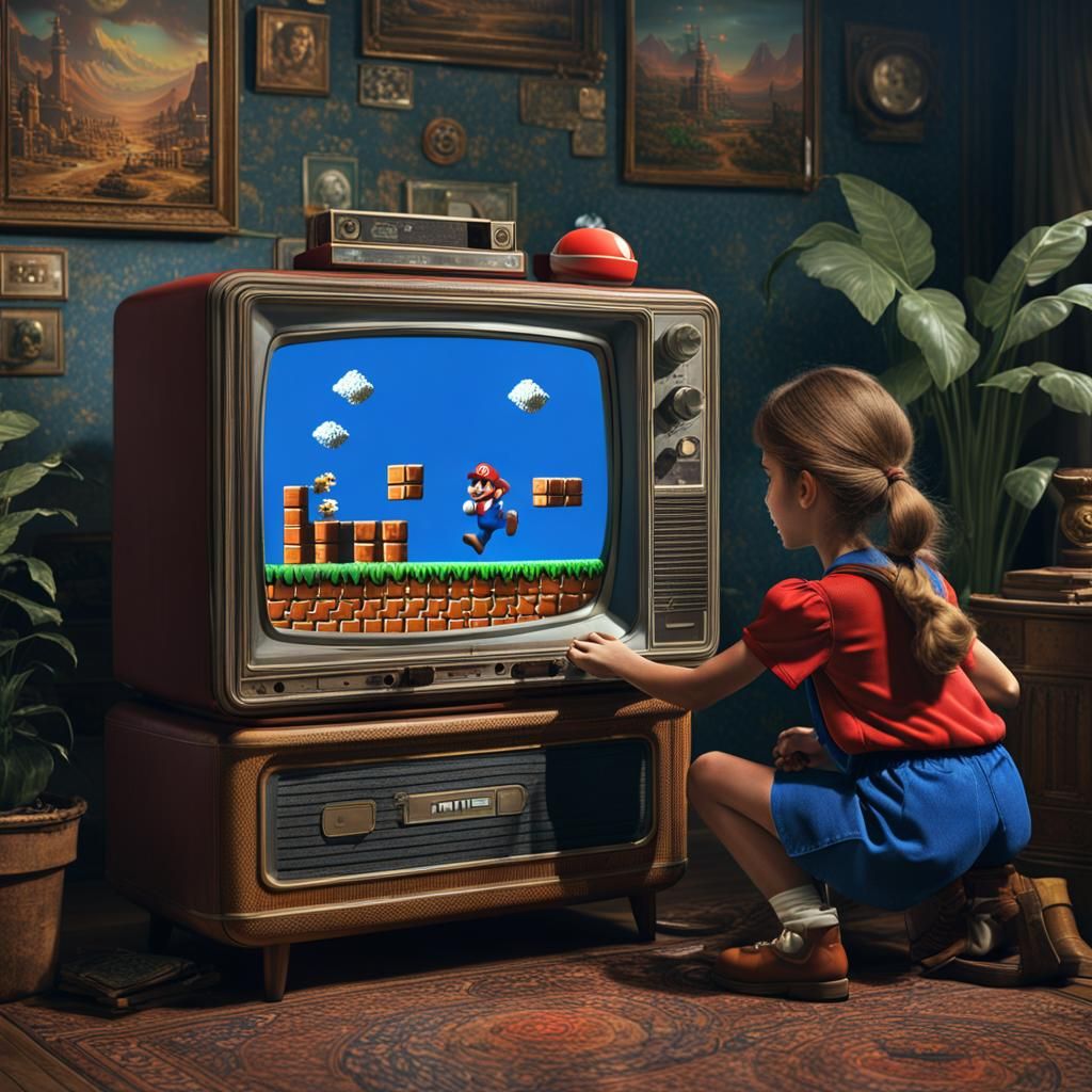 Girl Playing Mario on 80s TV