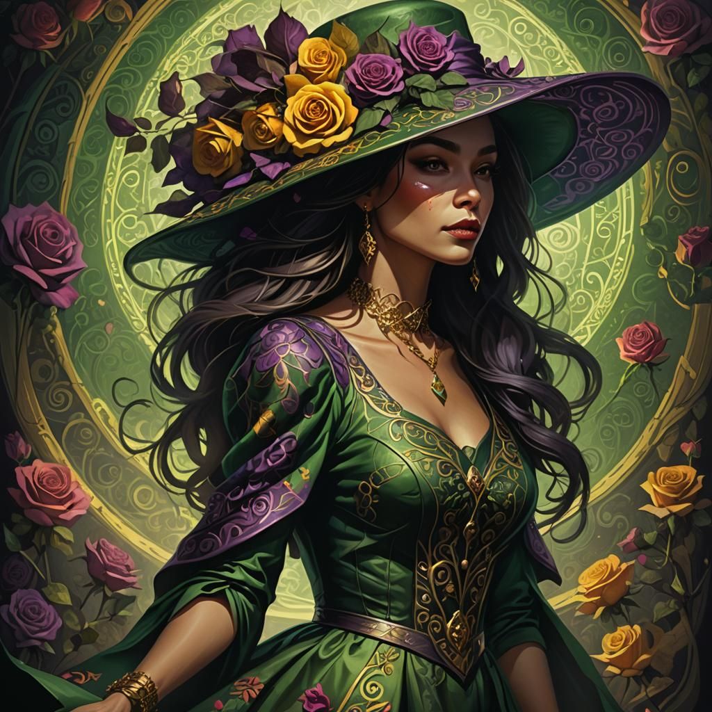 Elegant Woman in Green Dress: Dark Fantasy Art