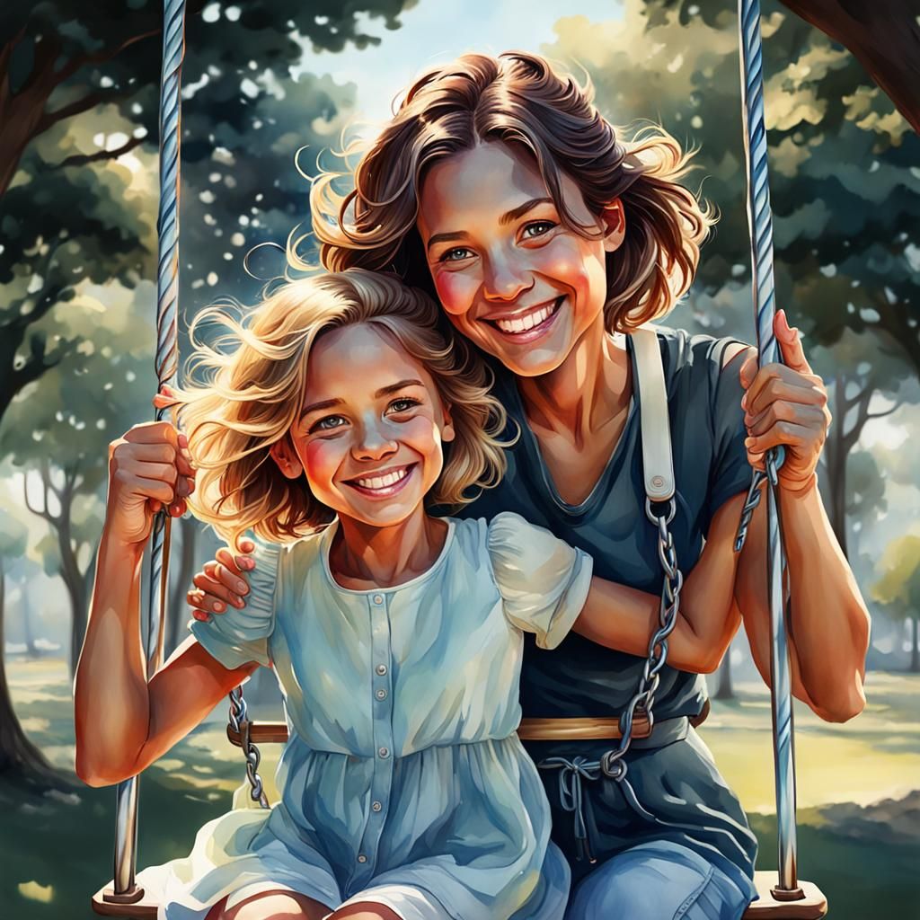Happy Mother and Daughter on a Swing in Watercolor