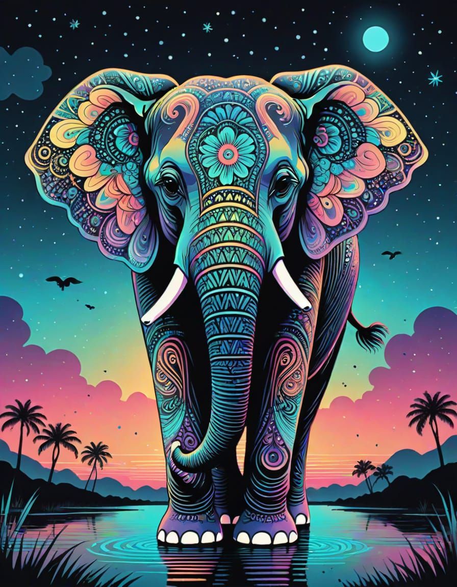 Elephant in Vibrant Memphis Aesthetic